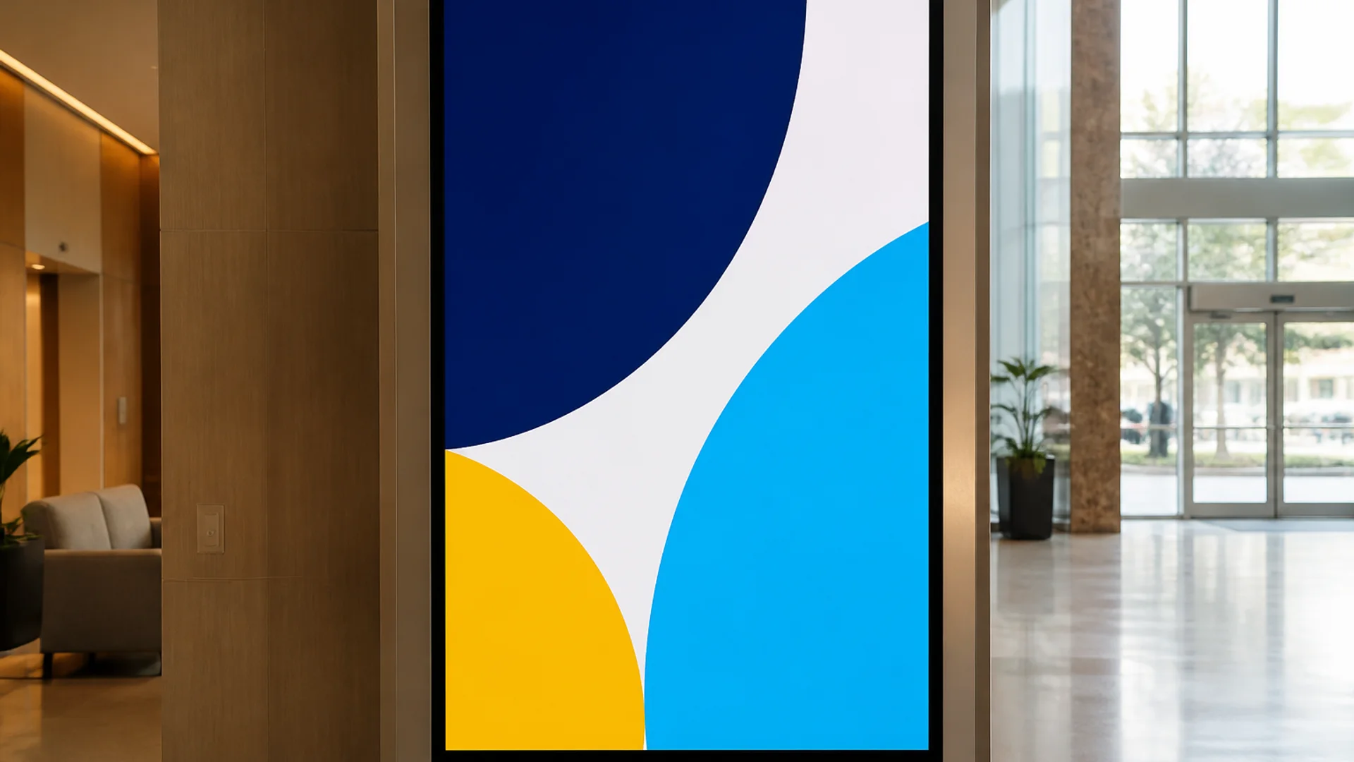 Public lobby digital sign with large high-contrast text designed for accessibility