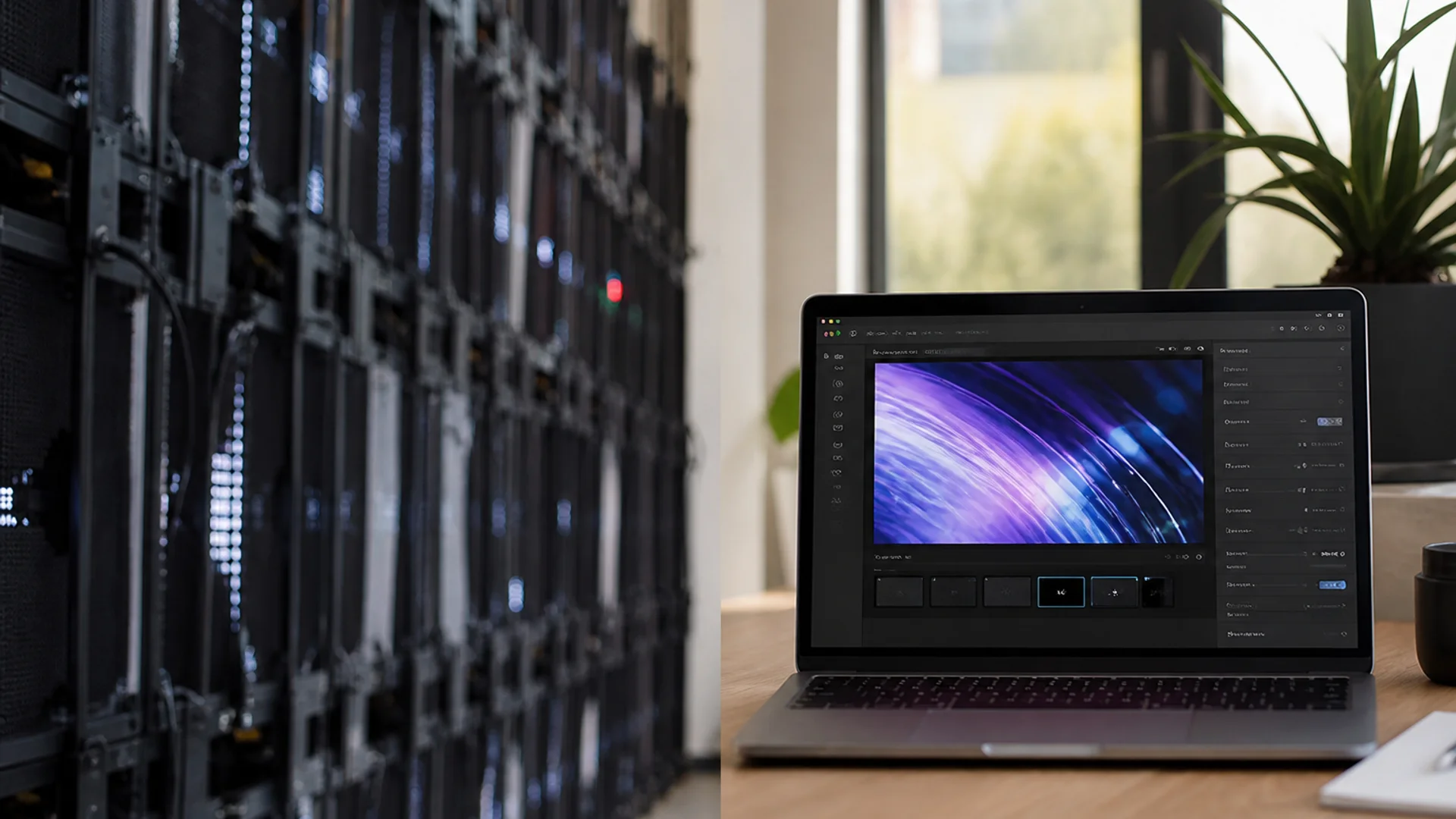 Split view of a laptop browser LED ticker beside a professional outdoor LED cabinet