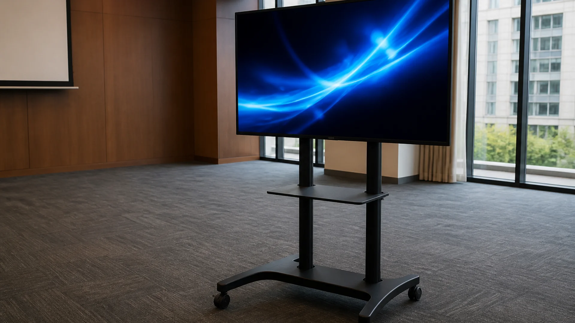 Portable event setup with a tablet in fullscreen LED banner mode on a stand