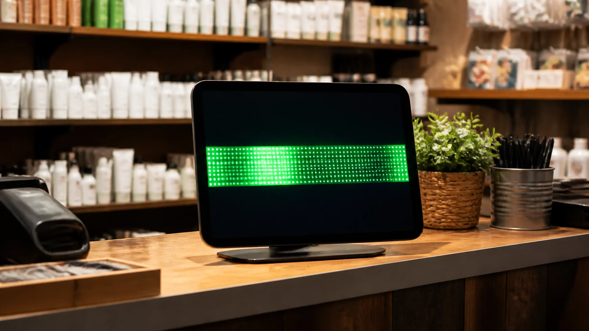 Small shop counter with a tablet showing a bright LED-style promotional banner