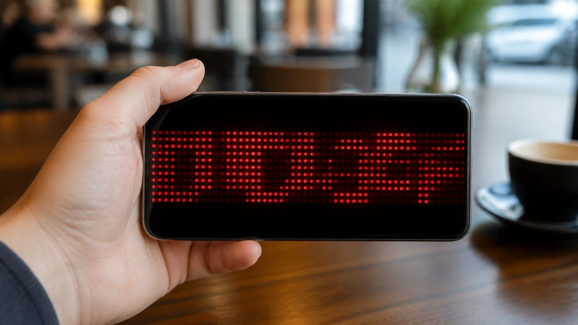 Smartphone showing scrolling LED-style text next to a traditional message board